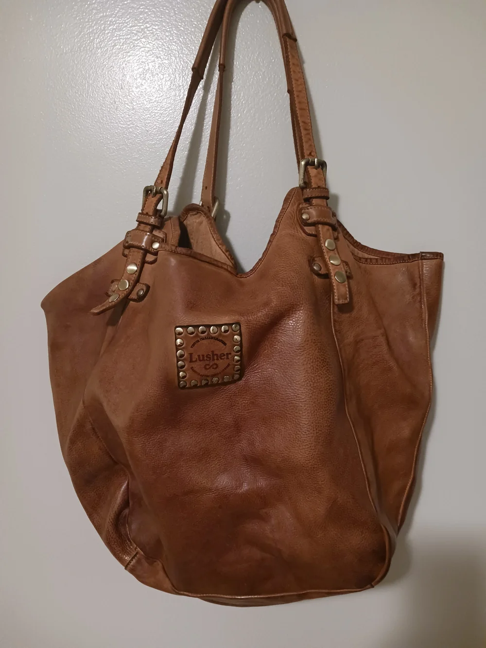 Lusher Vintage Italian Stud-Accent Brown Leather Hobo Bag